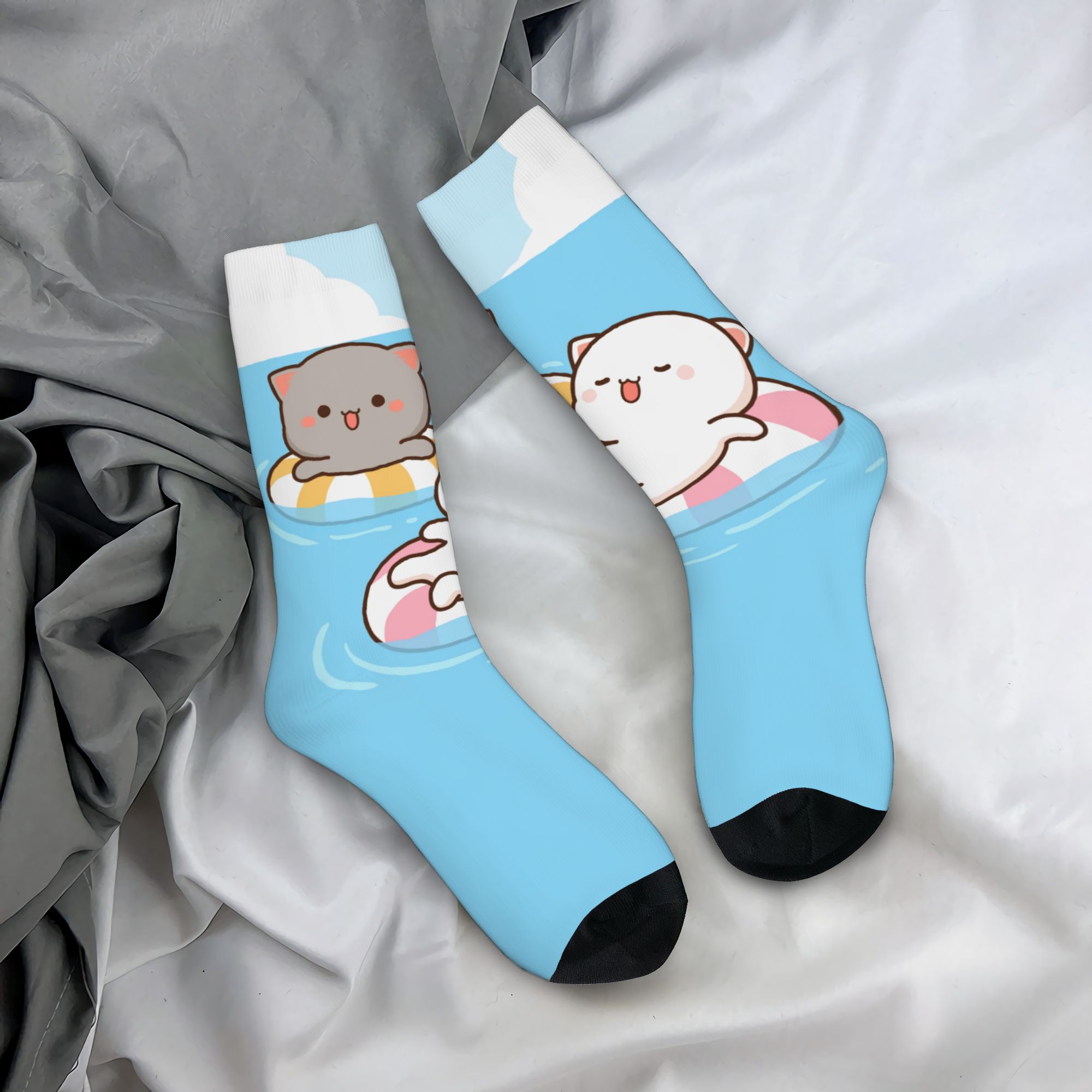 Dress Sock Men - ถุงเท้าลายการ์ตูนคู่รักแมวโมจิสีชมพูสุดน่ารัก ลายชายหาด สำหรับผู้ชายและผู้หญิง ถุงเท้าลายพิมพ์ 3D สนุกสนาน